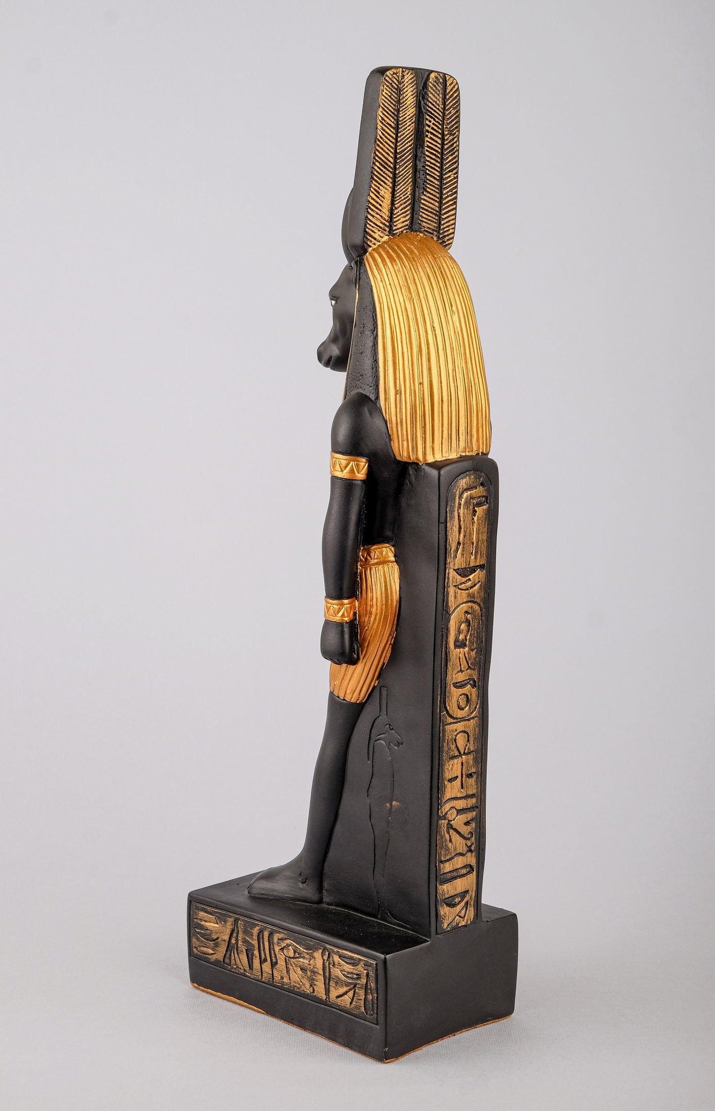 Statue Montu symbol of War lord of Medamud, depicted with a bull’s head. Large painted black gold made in Egypt