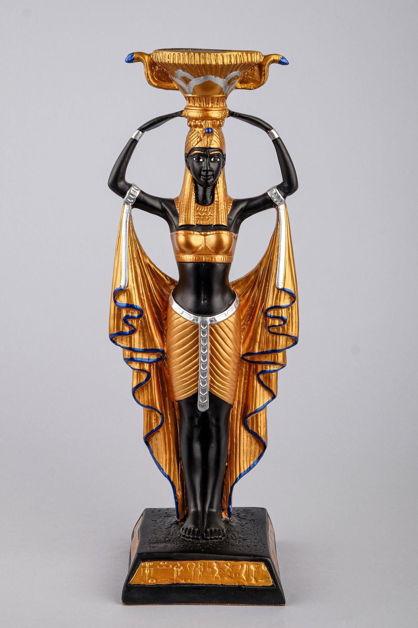 Statue of Egyptian Queen Cleopatra's Egyptian Nubian Maiden Servants with Chalice large painted black gold made in Egypt