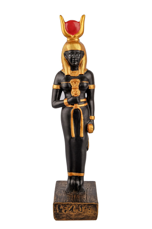 Ancient Egyptian statue of goddess Isis holding a Sistrum black stone painted gold unique ancient Egypt altar made in Egypt