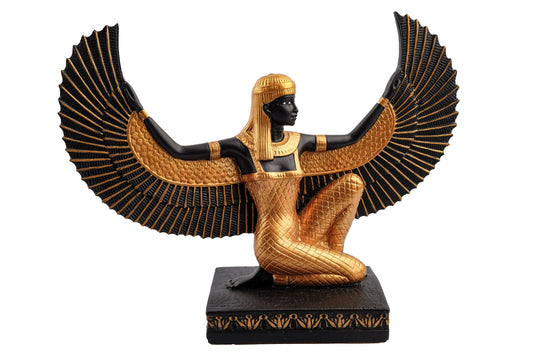 Egyptian statue of Isis gold black made in Egypt. Great mother Isis, the goddess of healing and magic her name mean Queen of the throne